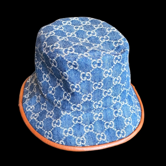 Gucci Accessories - Gucci Guccissima Blue Jean Canvas Monogram Brown Leather Trim Bucket Hat Sz. M